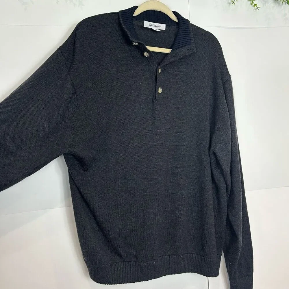Joseph & Feiss Sweater Men XXL Merino Wool Dark Gray Quarter Button Pullover 2XL